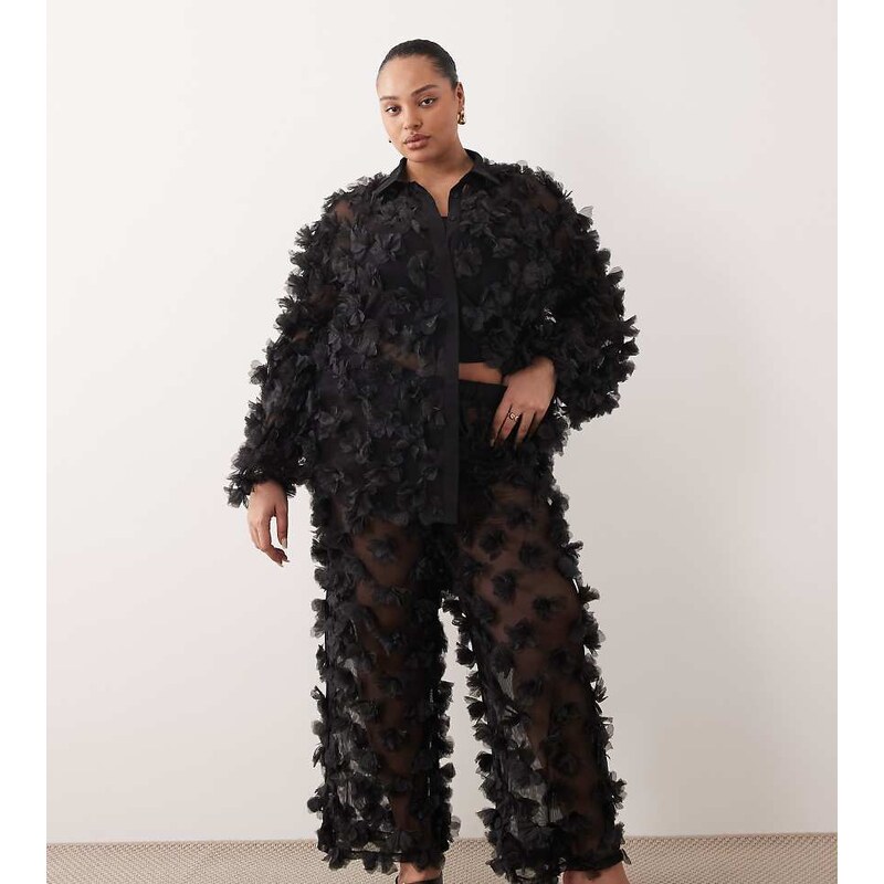 ASOS LUXE curve co-ord mesh trousers in black with 3D flower petals 114856116