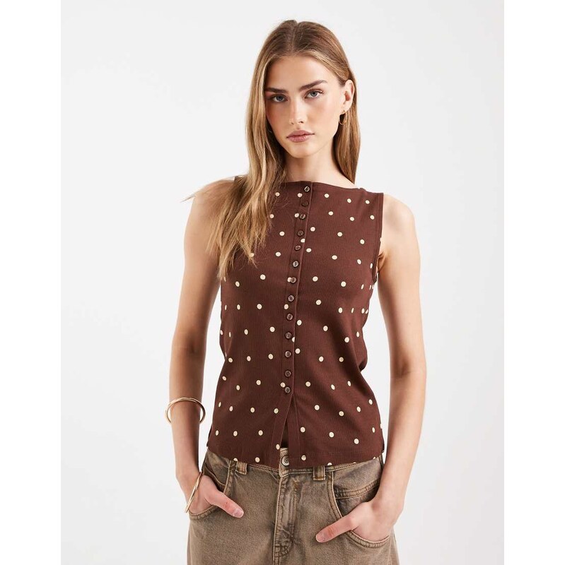 New Look boat neck polka dot button through tank in brown
