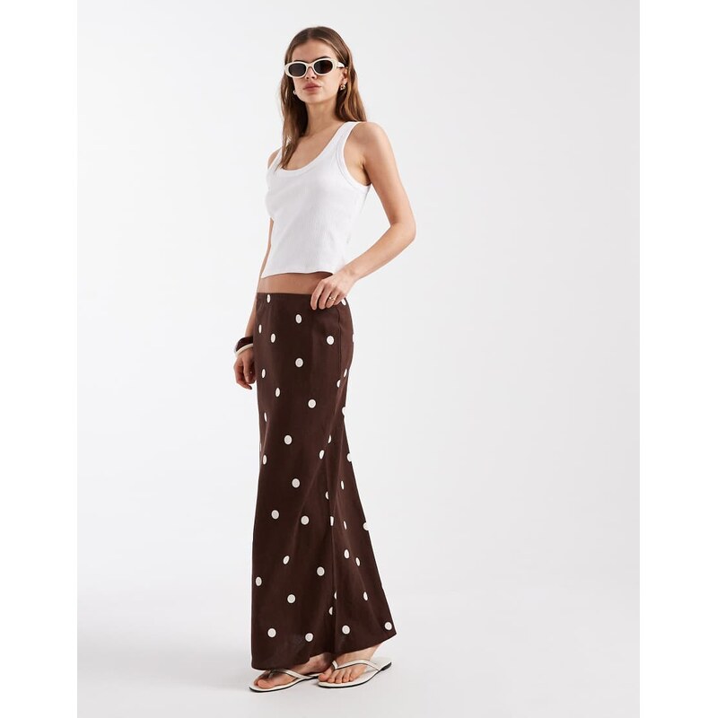 New Look linen blend polka dot midi skirt in brown