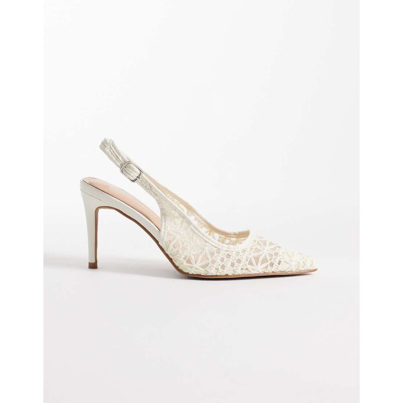 New Look crochet slingback heeled shoe in cream-White