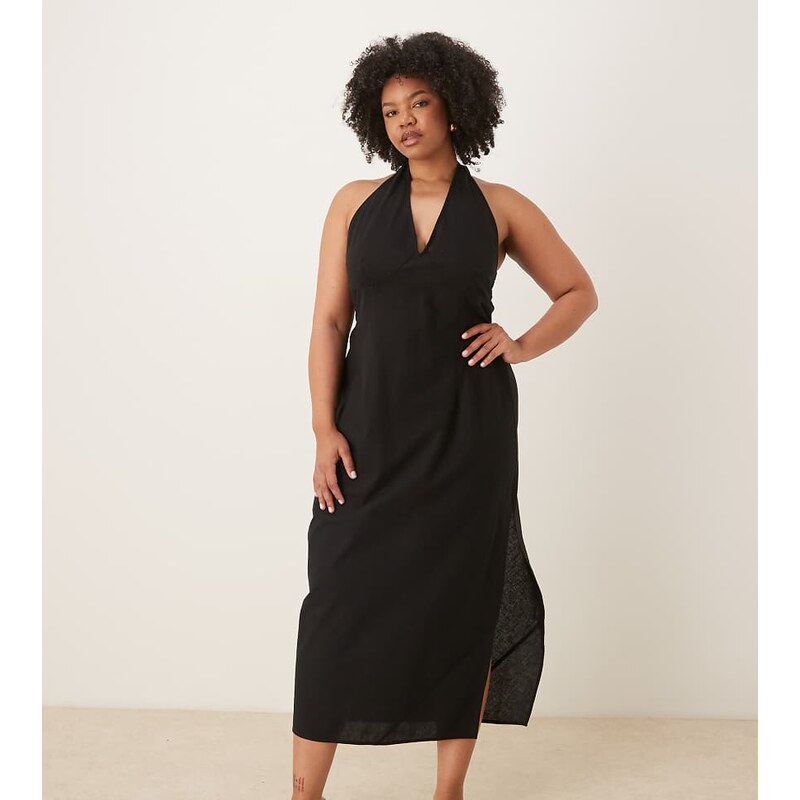 ASOS Curve ASOS DESIGN Curve cotton linen halter neck midi sundress 115519069