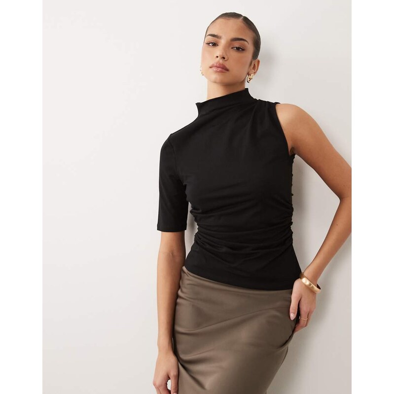 ASOS DESIGN ruched top with asymmetric sleeves in black - BLACK