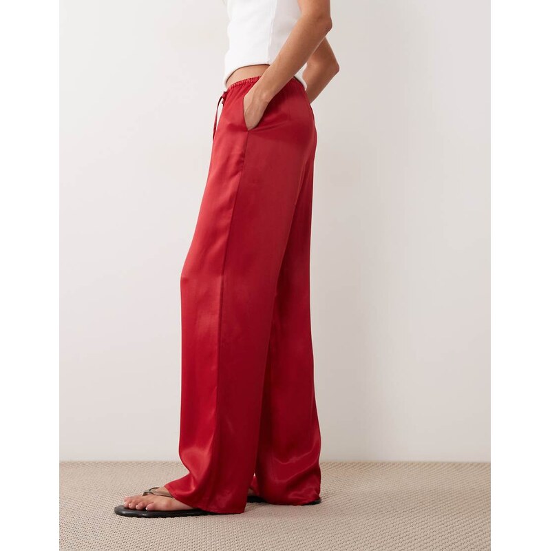 ASOS DESIGN satin wide leg pull on trouser in red