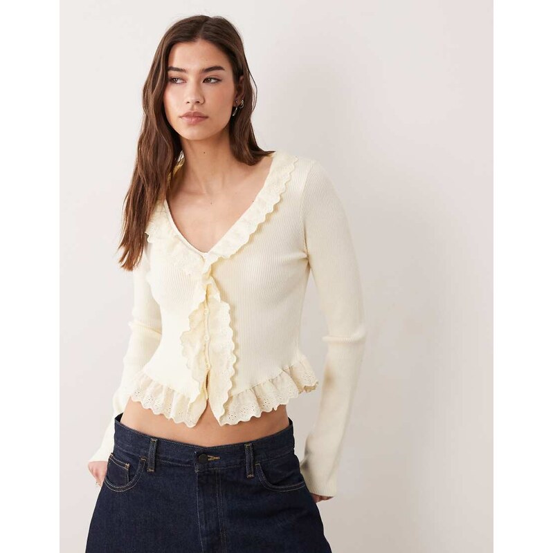 Miss Selfridge knitted broderie trim cardigan-White