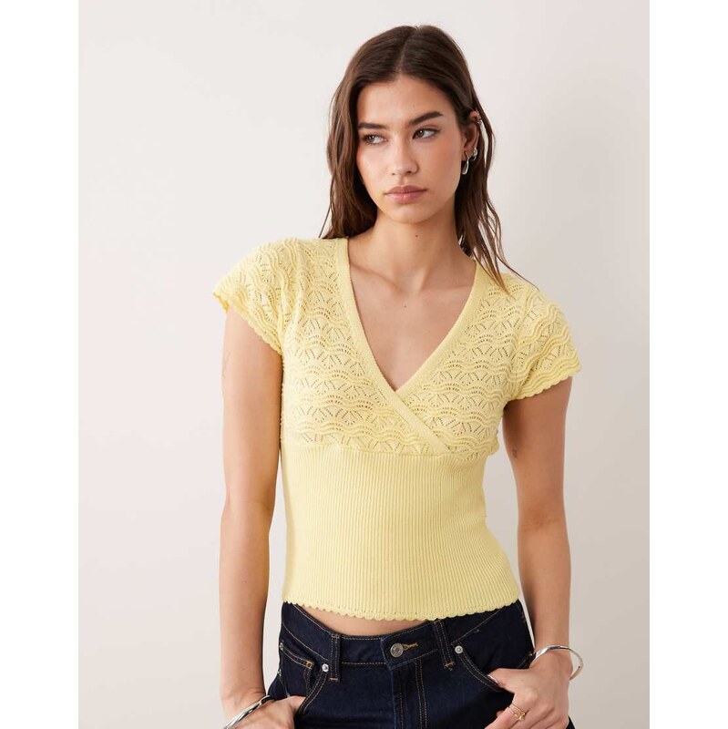 Miss Selfridge mock wrap short sleeve knit top in buttermilk