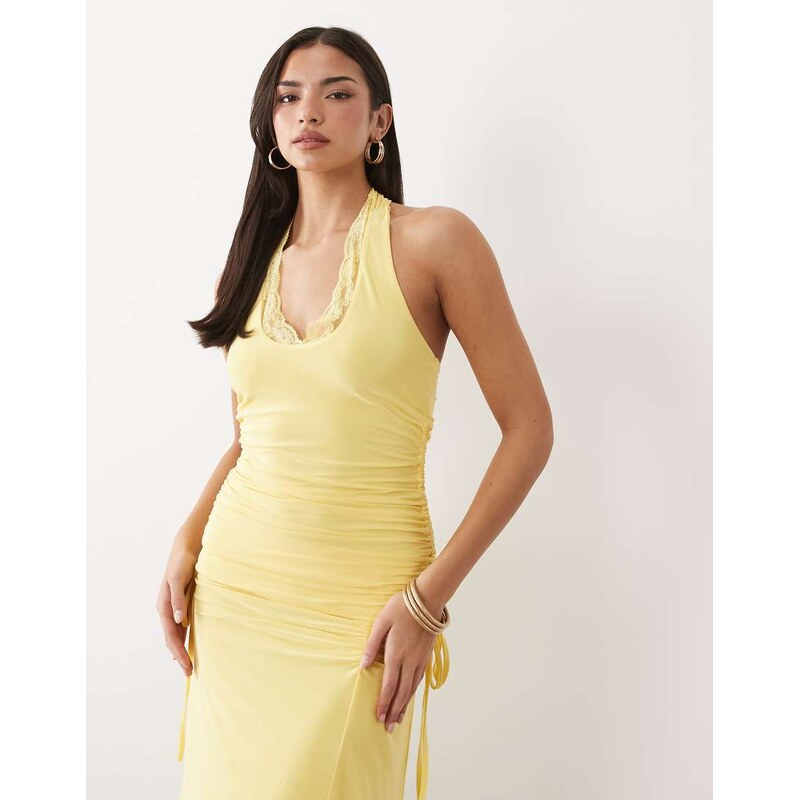 ASOS DESIGN co-ord slinky lace trim ruched side in lemon-Yellow