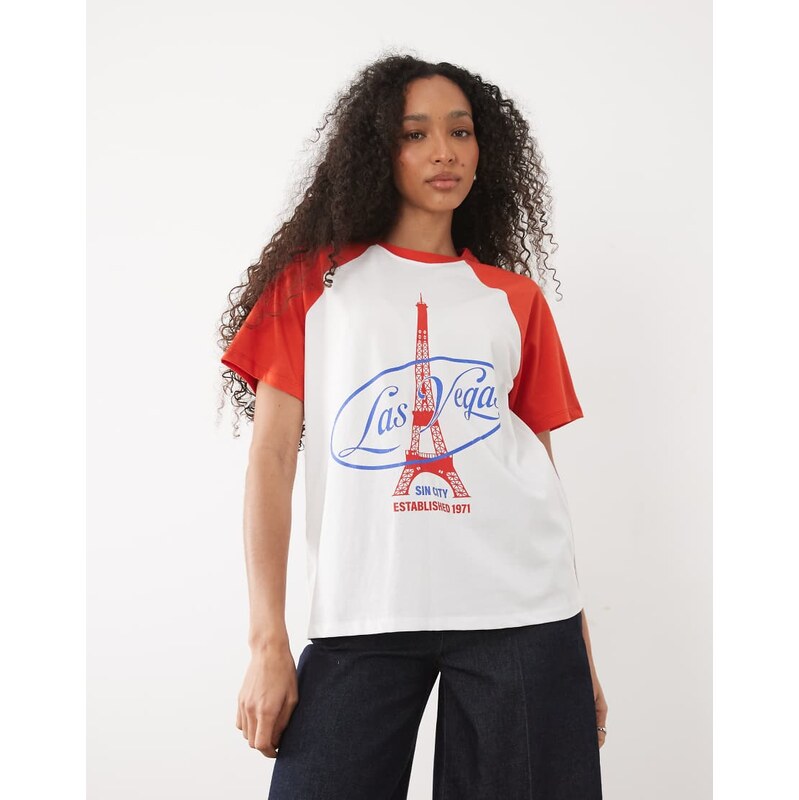 ASOS DESIGN raglan T-shirt with Las Vegas tower graphic in red
