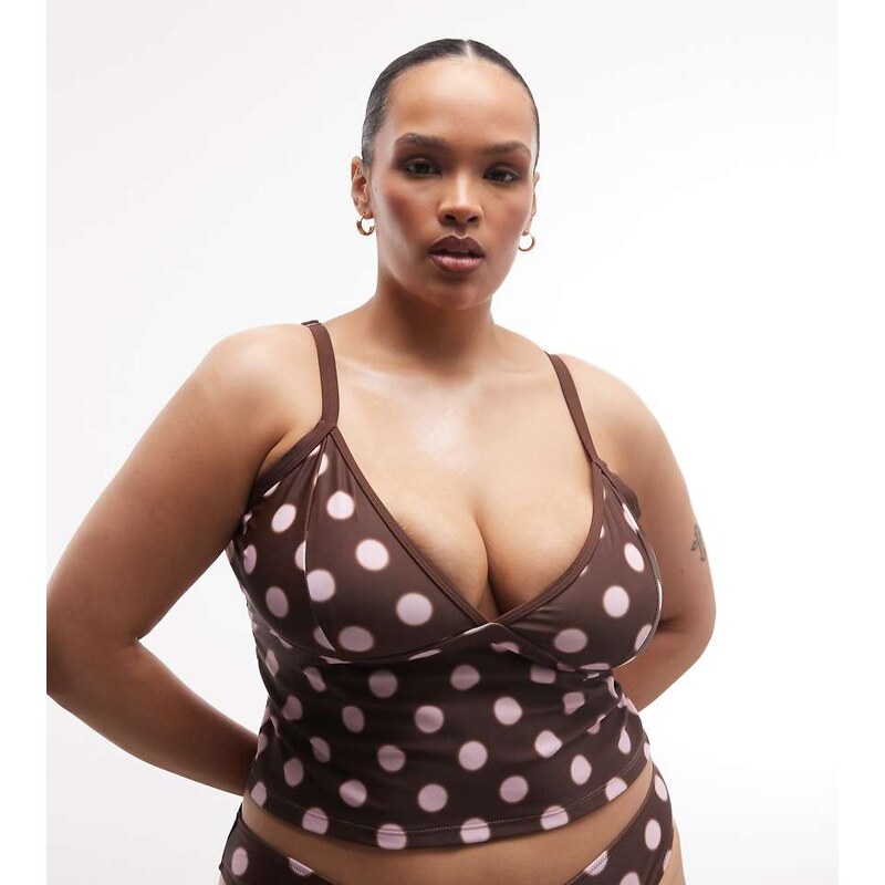 COLLUSION Plus blurred polka dot tankini bikini top in brown 114828224