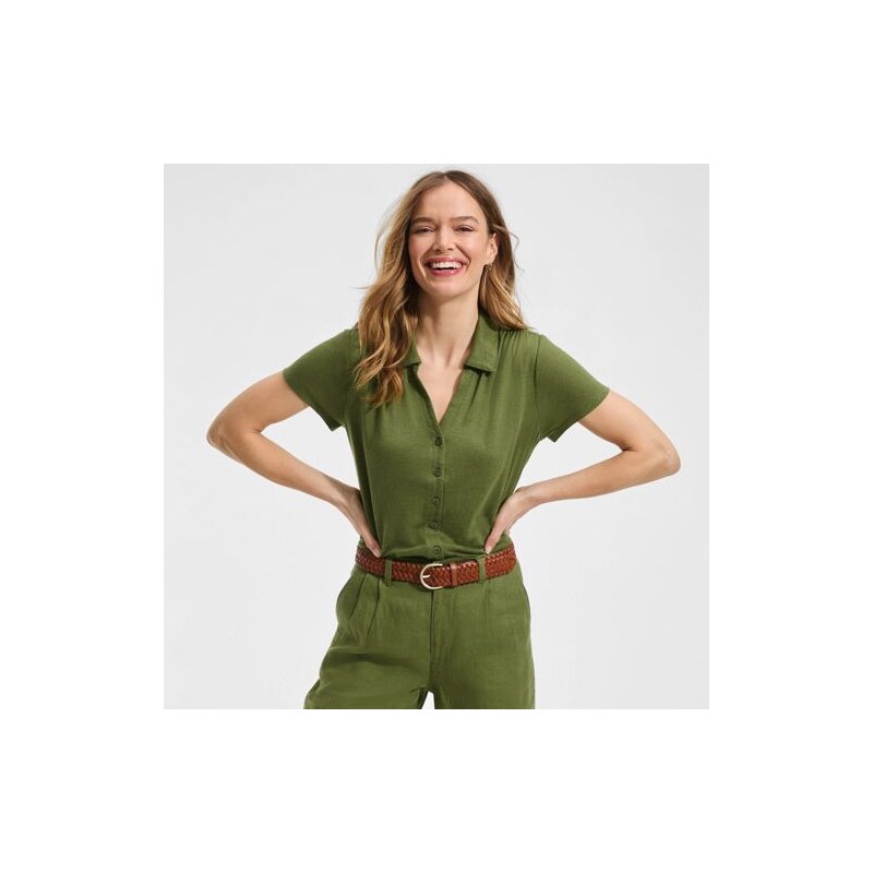 Soft Drape Linen Blend Button Front Polo, Women, size: S, petite