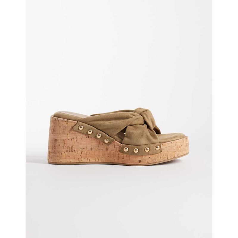ASOS DESIGN Tulip wedge with twist detail in khaki-Neutral