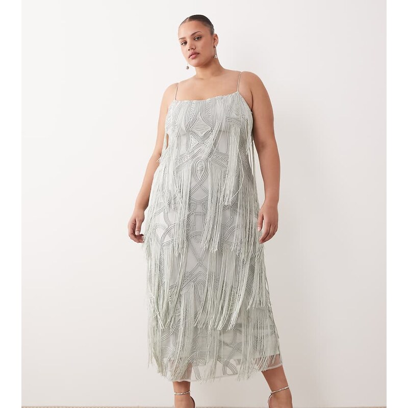 ARRANGE Curve geo fringe cami column maxi dress in dusky blue 114833485