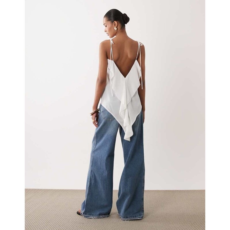 SNDYS cami ruffle detail low back tie shoulder top in white 114833511