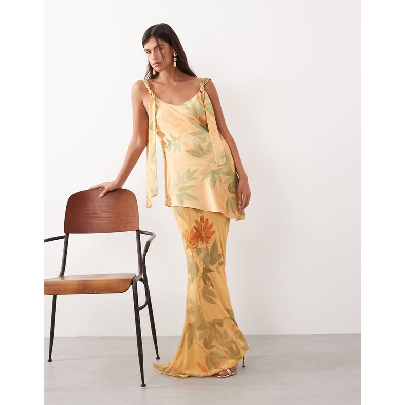 ARRANGE tie shoulder satin maxi dress in floral print-Multi