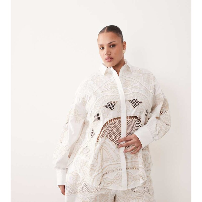 ARRANGE Curve embroidered cutwork oversized shirt co-ord in white 114833516