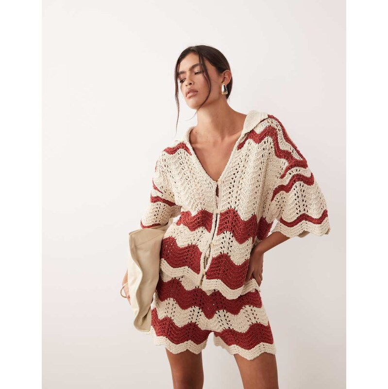 ARRANGE stripe crochet top co-ord in rust and beige-Red 114833524