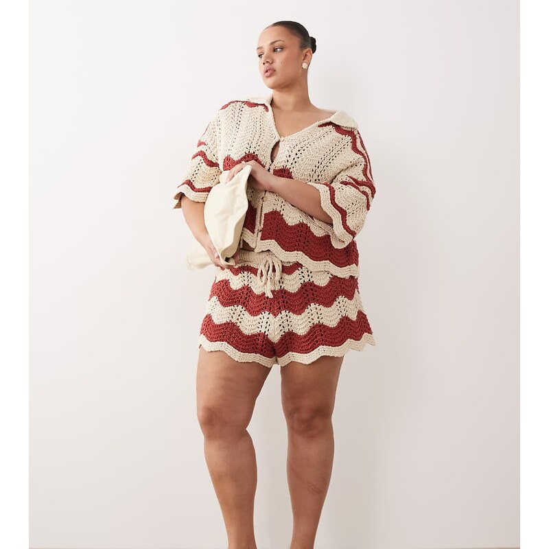ARRANGE Curve co-ord stripe crochet shorts in rust and beige-Red