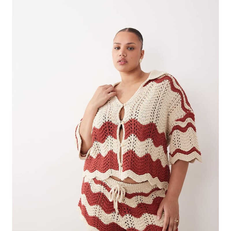 ARRANGE Curve stripe crochet top co ord in rust and beige-Red 114833526