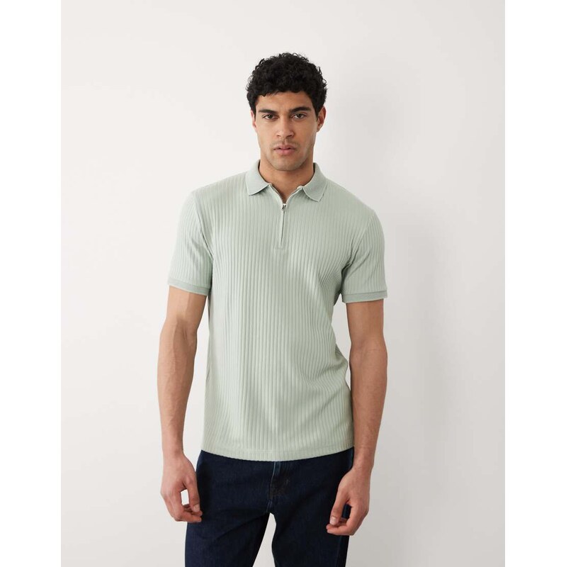 Selected ribbed half zip polo shirt in light green