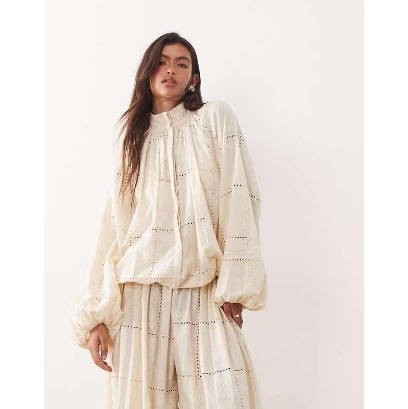 ARRANGE broderie eyelet balloon sleeve shirt co-ord in cream-White 114833561