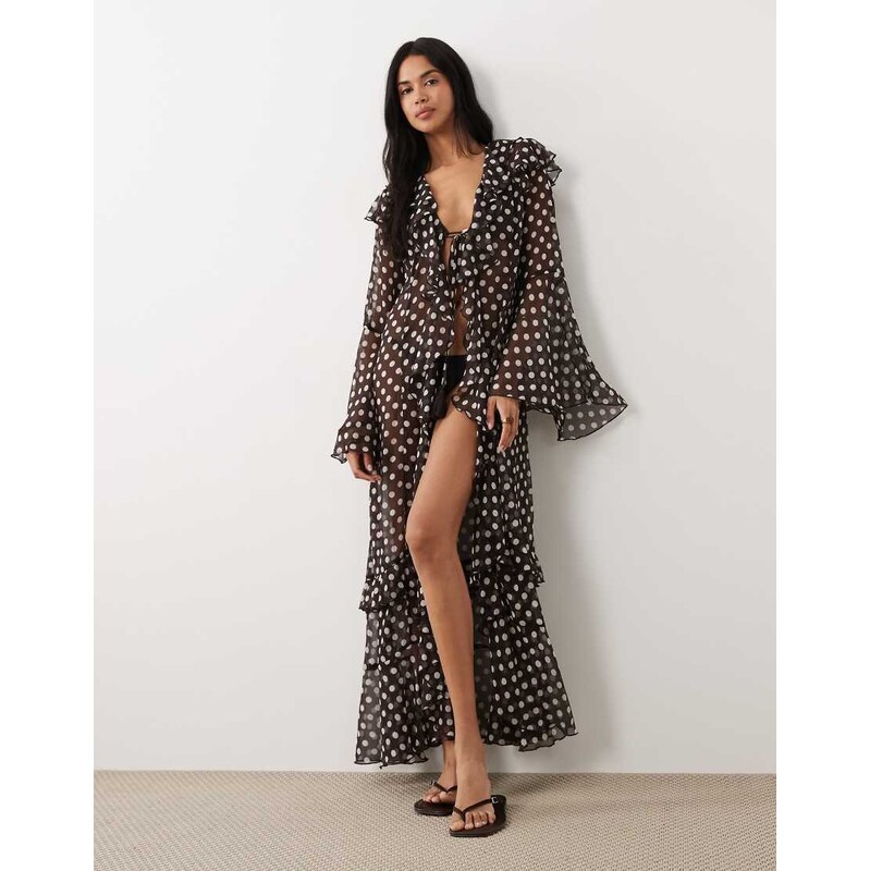 Miss Selfridge beach maxi cover up in chocolate polka dot-Brown