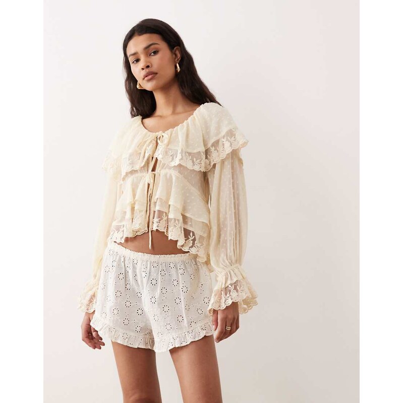 Miss Selfridge chiffon and lace tie front top in buttermilk-Yellow 114833509