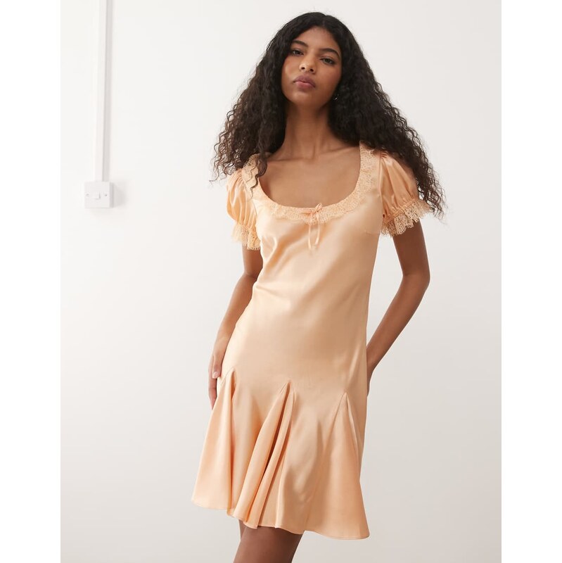 Reclaimed Vintage mini tea dress with lace trim and godets in peach 114833535