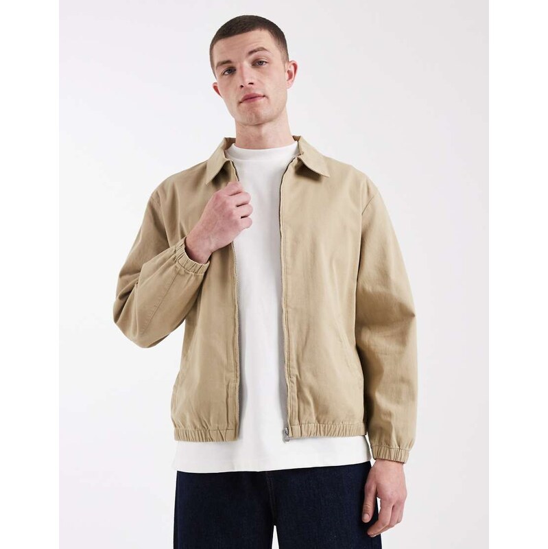 ASOS DESIGN cotton harrington jacket in stone-Neutral