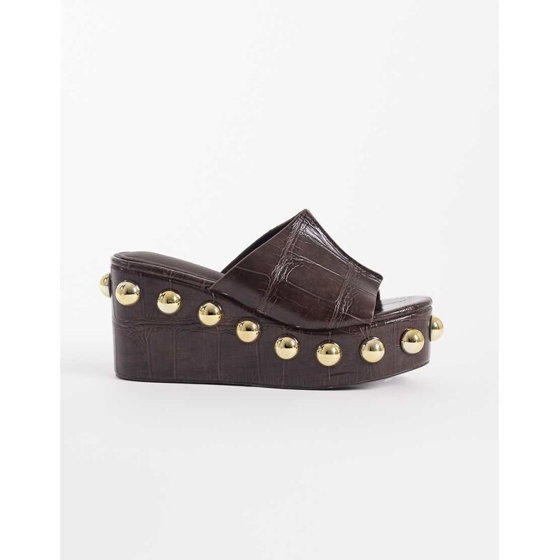 ASOS DESIGN Tessa wedge with oversized studs in chocolate croc