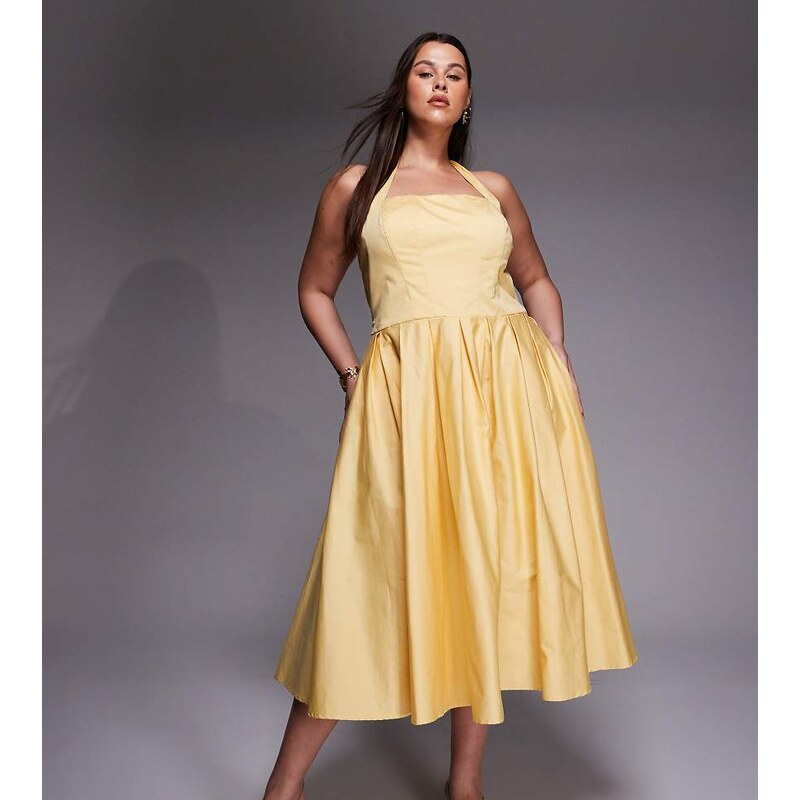 TFNC Plus cotton halter neck skater midi dress in yellow