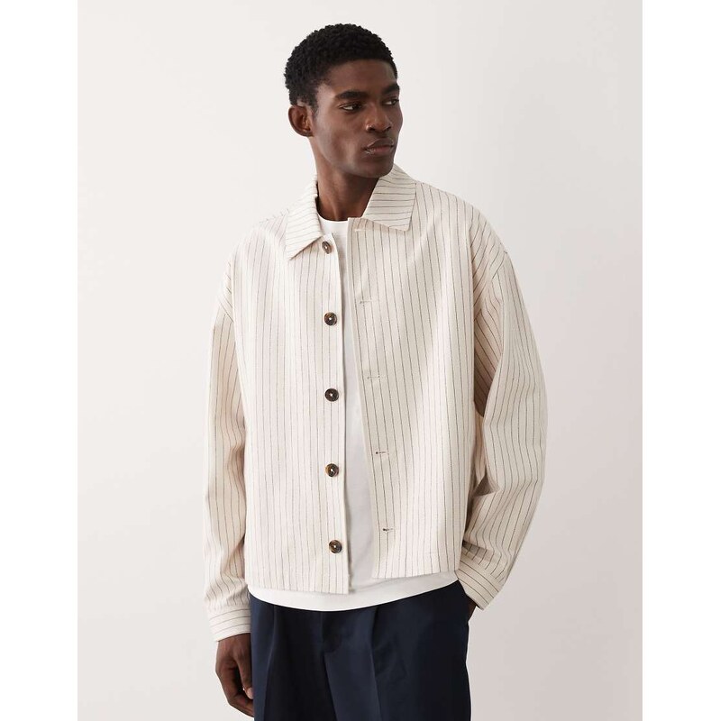 ASOS DESIGN pinstripe harrington jacket in stone-Neutral