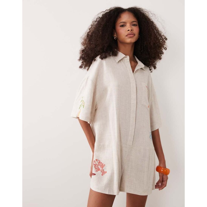 ASOS DESIGN short sleeve shirt playsuit with embroidery detail in 114838073