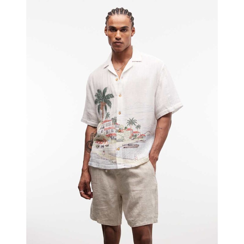 ASOS DESIGN oversized shirt with beach print in beige-Neutral