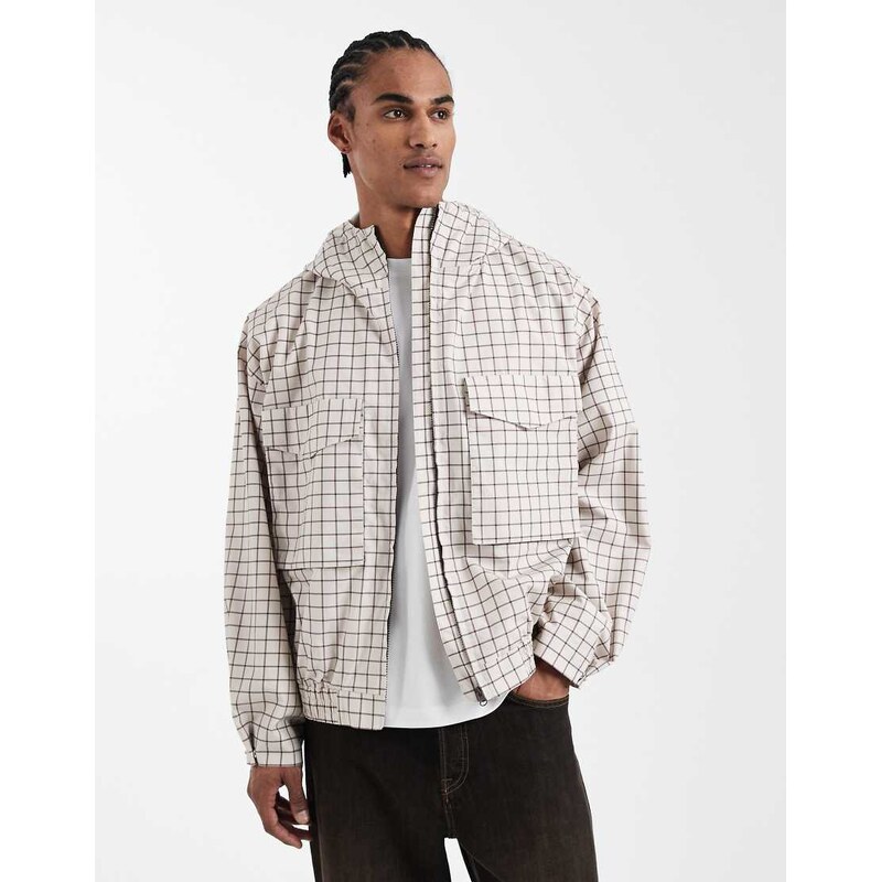 ASOS DESIGN oversized check windbreaker in ecru-Neutral