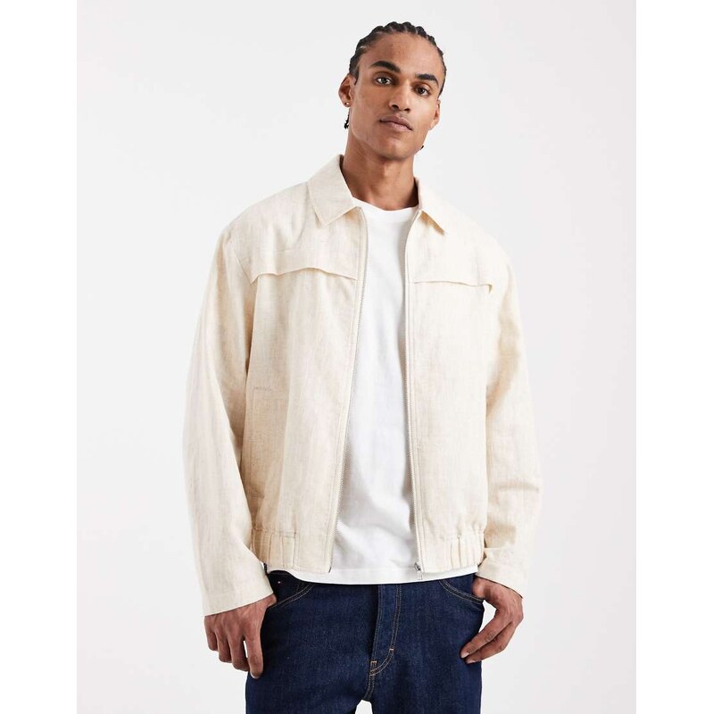 ASOS DESIGN textured cotton harrington jacket in ecru-Neutral