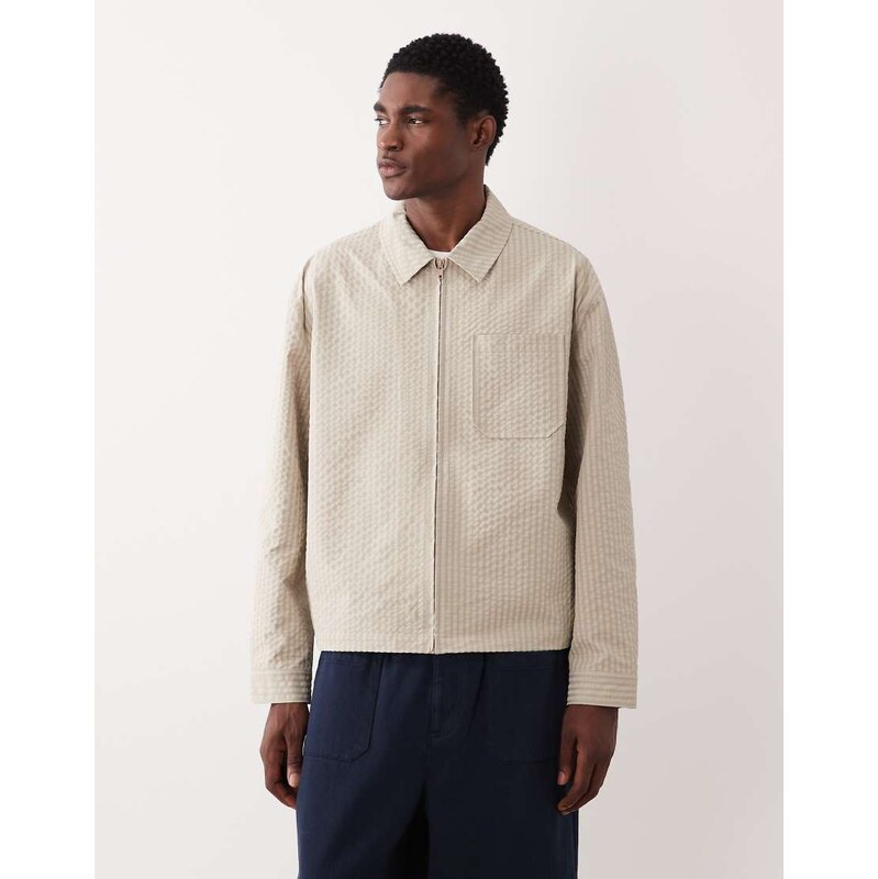 ASOS DESIGN textured harrington jacket in stone-Neutral
