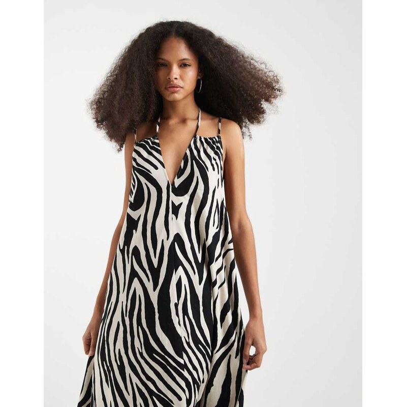Vero Moda linen mix v neck midi dress in zebra print-Multi