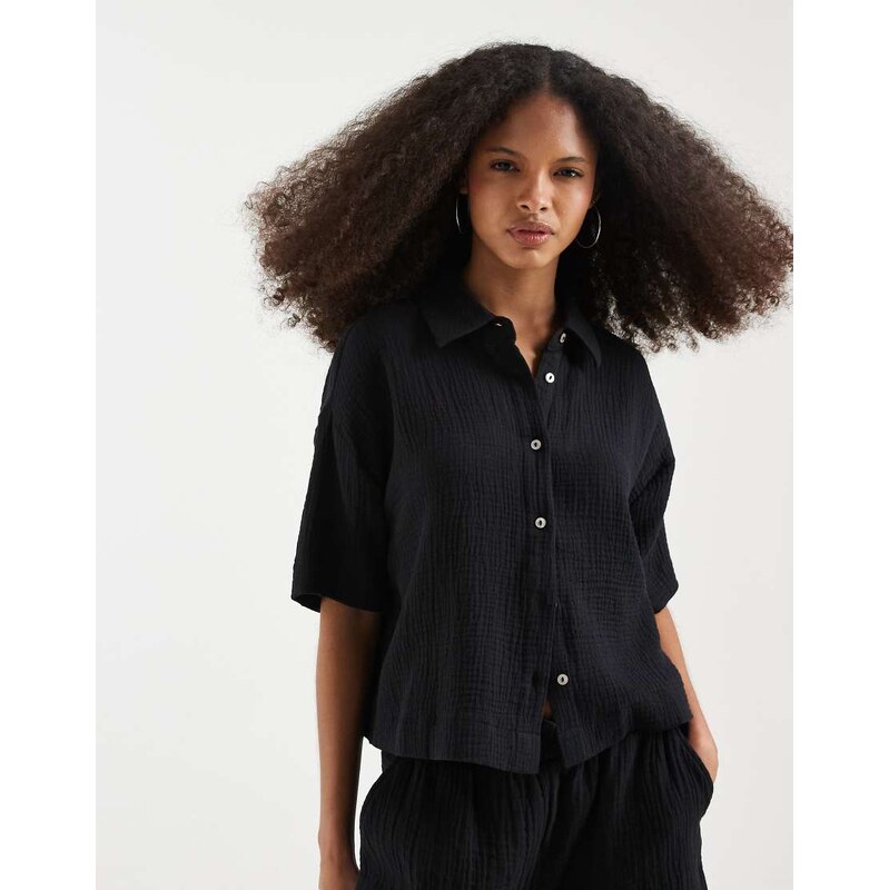 Vero Moda cheesecloth textured boxy shirt co-ord in black