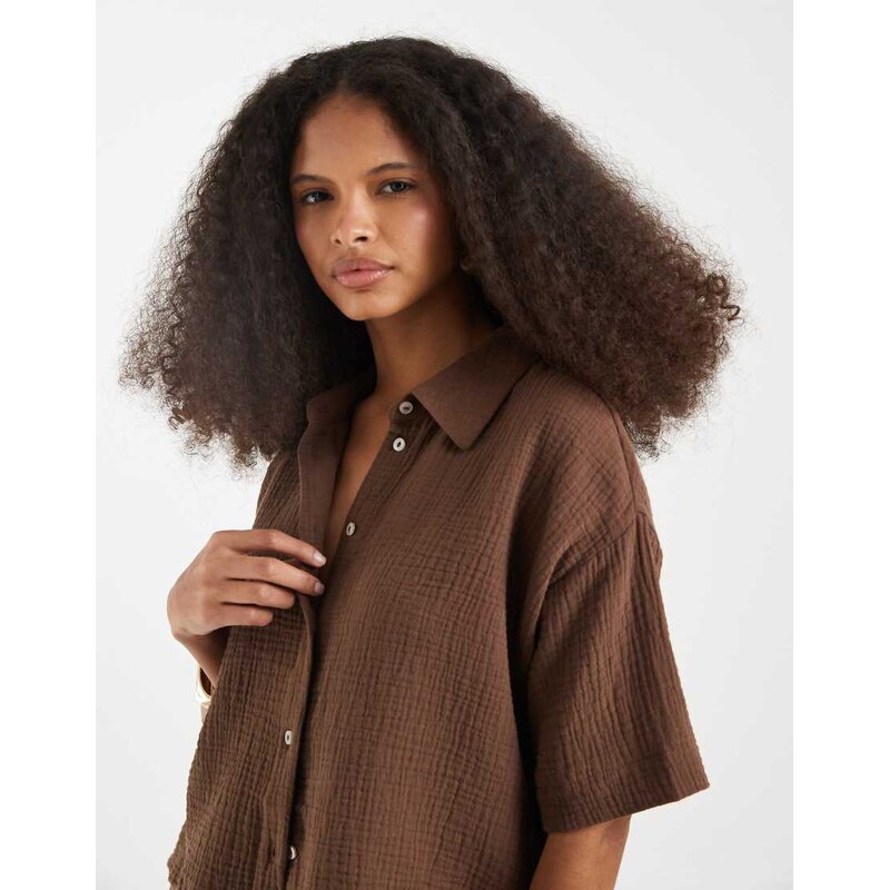 Vero Moda cheesecloth textured boxy shirt co-ord in chocolate-Brown 115522235