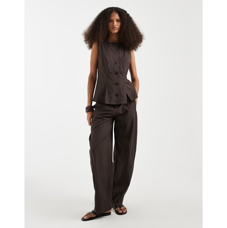 Vero Moda linen look tailored wide barrel trousers co-ord in chocolate 115522236