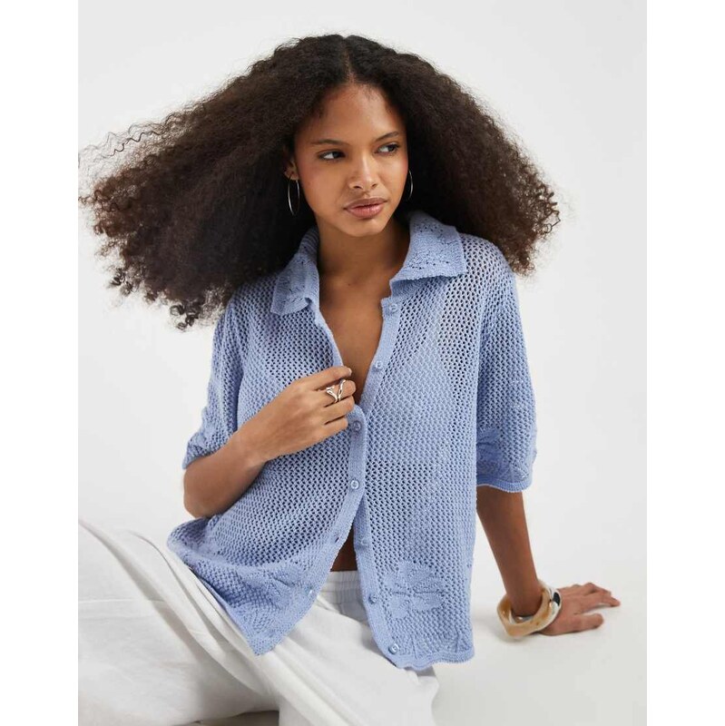 Vero Moda short sleeve floral crochet knit button front polo top in 114833666