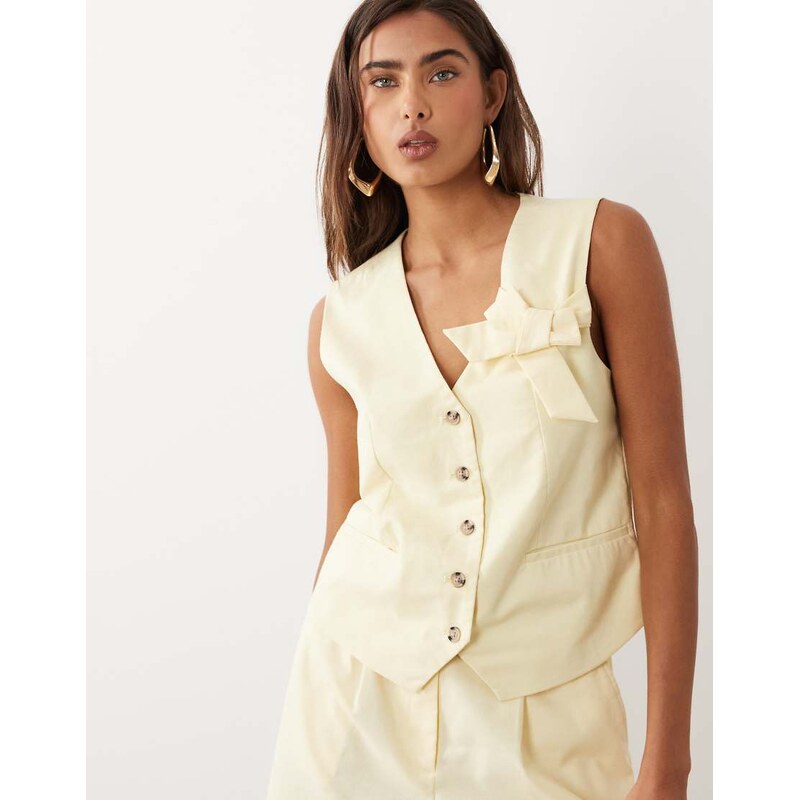 Vila linen touch bow detail tailored waistcoat co-ord in pastel yellow 114833669
