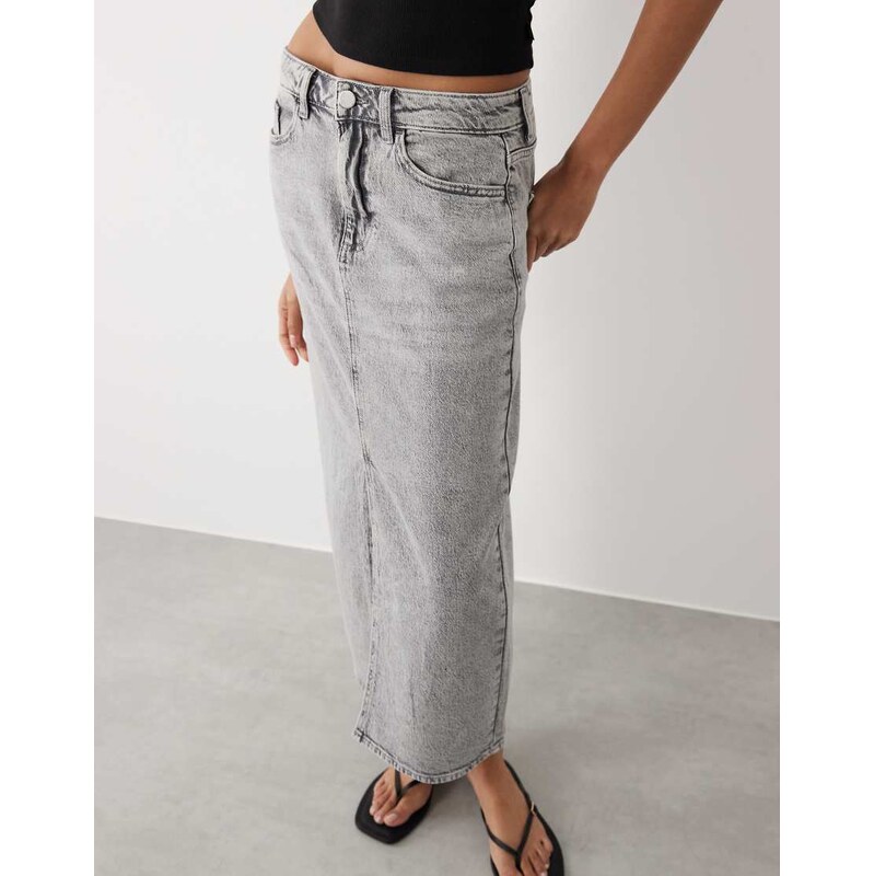 Vila high waisted denim front split midi skirt in light grey