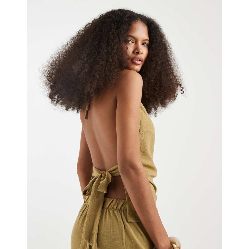 Vero Moda linen look cowl neck halter top co-ord in willow green 114833673