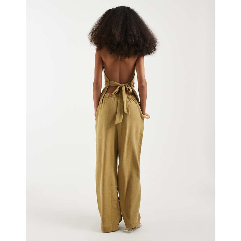 Vero Moda linen look high waist wide leg trouser co-ord in willow green