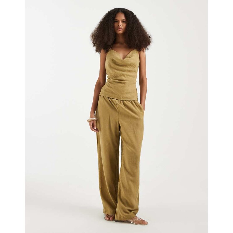 Vero Moda linen look high waist wide leg trouser co-ord in willow green
