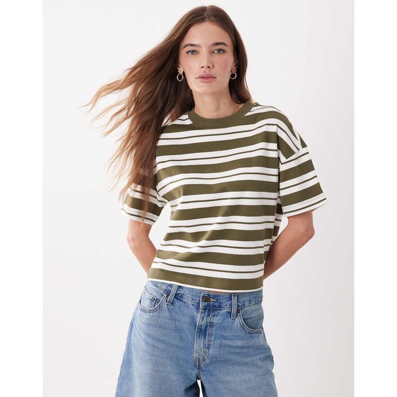 New Look Premium boxy tee in khaki stripe-Pink
