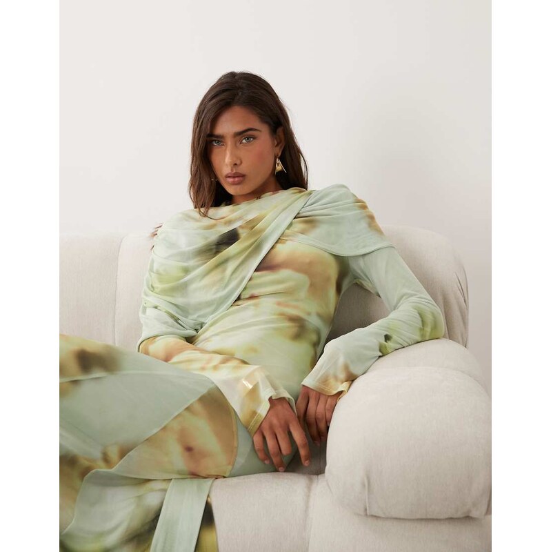 ASOS DESIGN printed mesh maxi dress with overlay draped neckline