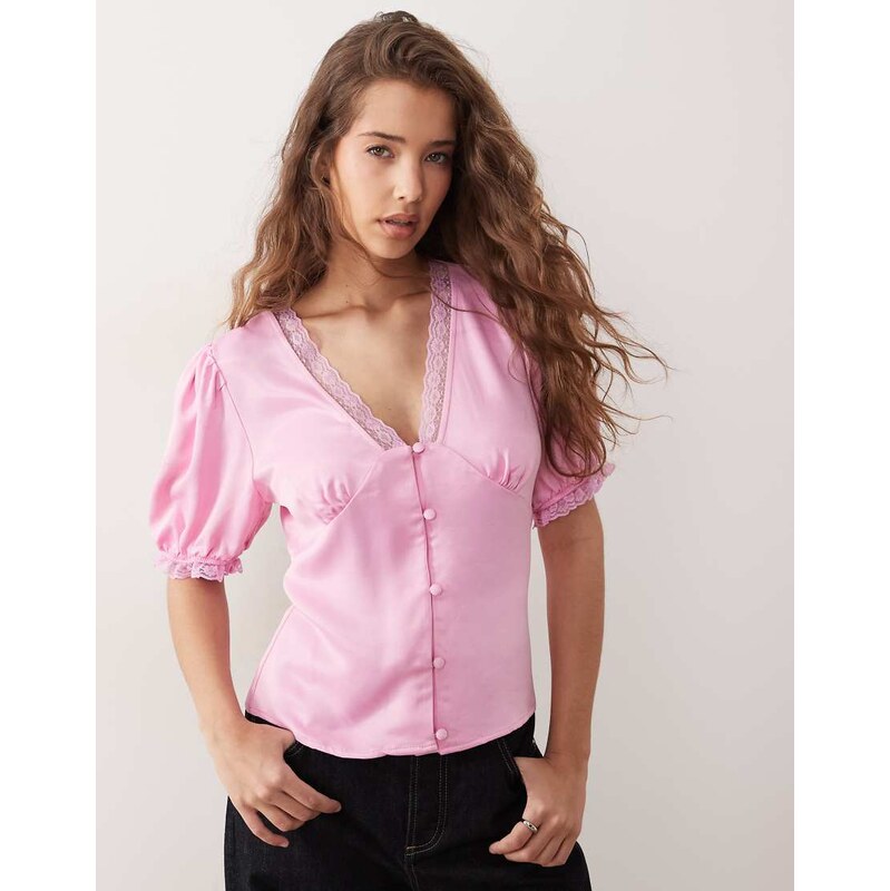 Miss Selfridge satin lace trim tea top in pink 114833702