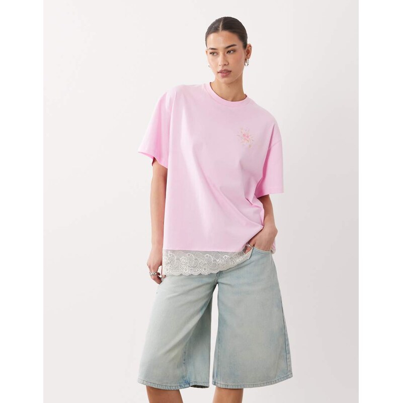 Miss Selfridge oversized graphic t-shirt with lace trim hem in