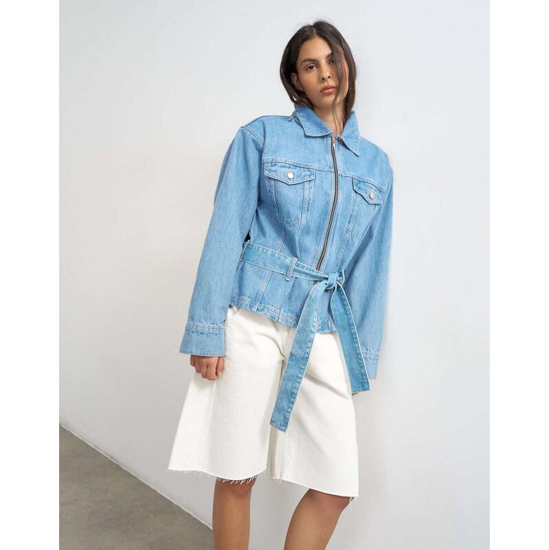 Topshop denim cinched shoulder pad jacket in bleach-Blue